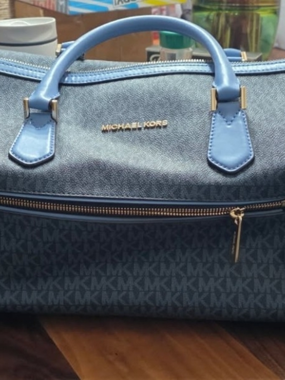 Michael Kors Blue Signature MK Logo Duffel Bag with Gold Hardware